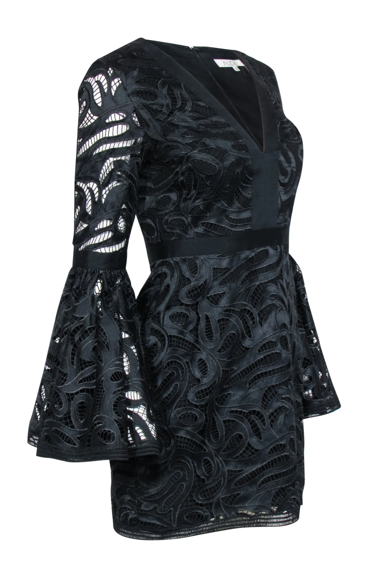 Alexis - Black Embroidered Lace Bell Sleeve Dress Sz S