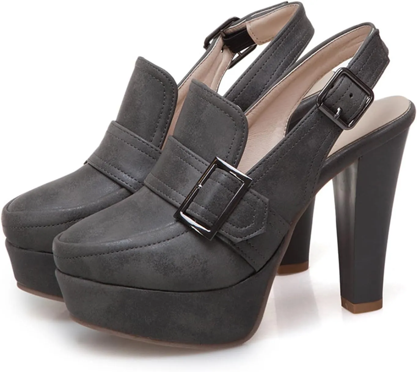 bbruriy Women's Belt Buckle Slingback High Heels Platform Chunky High Ankle Strap Dance Dress Closed Round Toe Pumps Shoes 11Cm/4.3Inch Heel