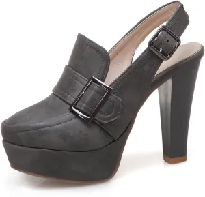 bbruriy Women's Belt Buckle Slingback High Heels Platform Chunky High Ankle Strap Dance Dress Closed Round Toe Pumps Shoes 11Cm/4.3Inch Heel