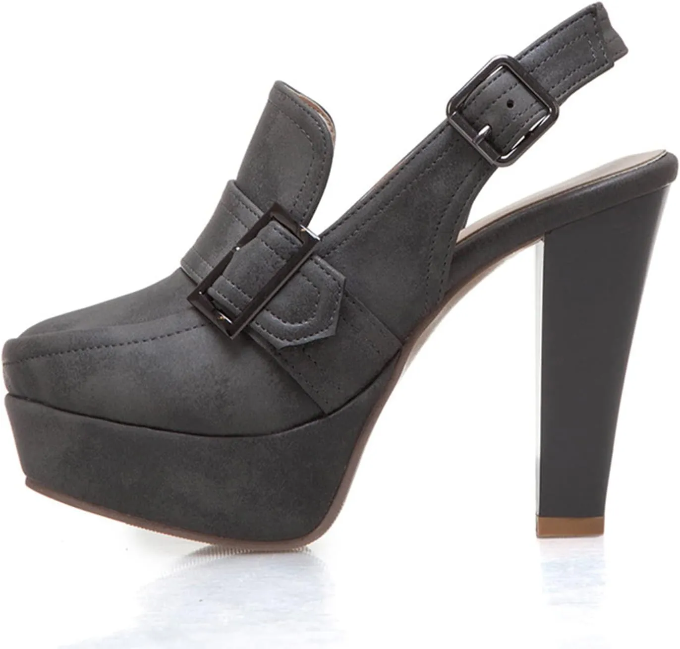 bbruriy Women's Belt Buckle Slingback High Heels Platform Chunky High Ankle Strap Dance Dress Closed Round Toe Pumps Shoes 11Cm/4.3Inch Heel