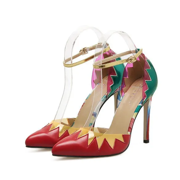 Color Block Pointed Tod Low Cut Ankle Wrap Stiletto High Heels Party Shoes
