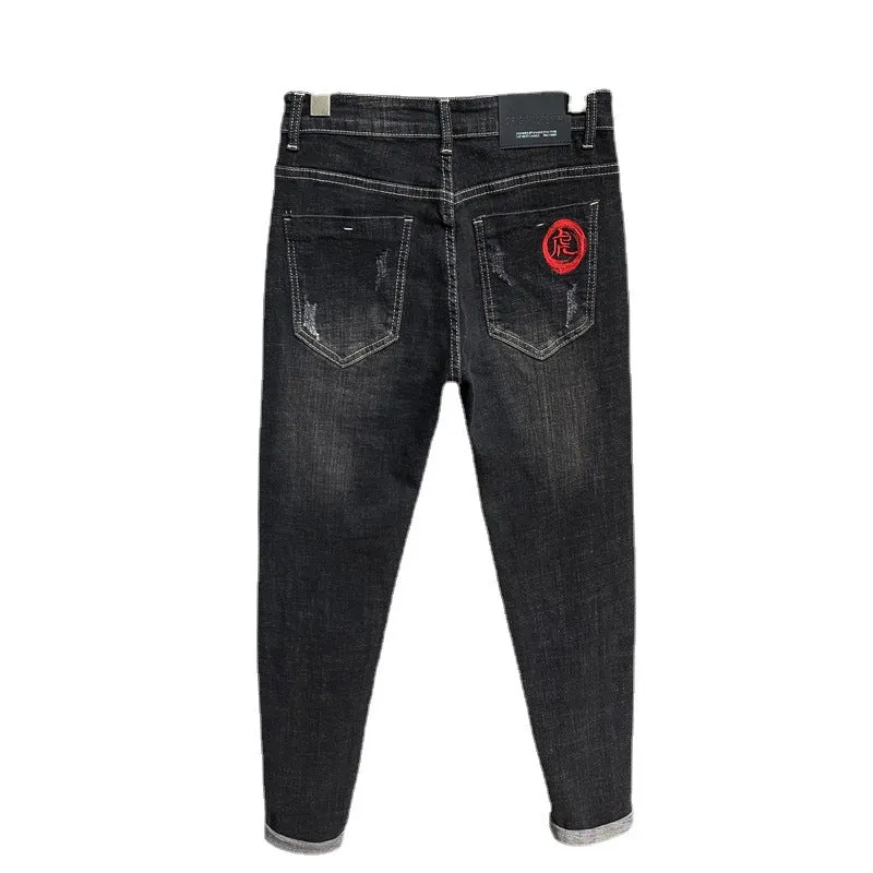 Embroidery Printed Jeans Mid Waist Men's Patch Straight Pants