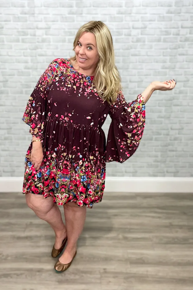 Flowers & Wine Floral Print Bell Sleeve Babydoll Dress {Umgee}