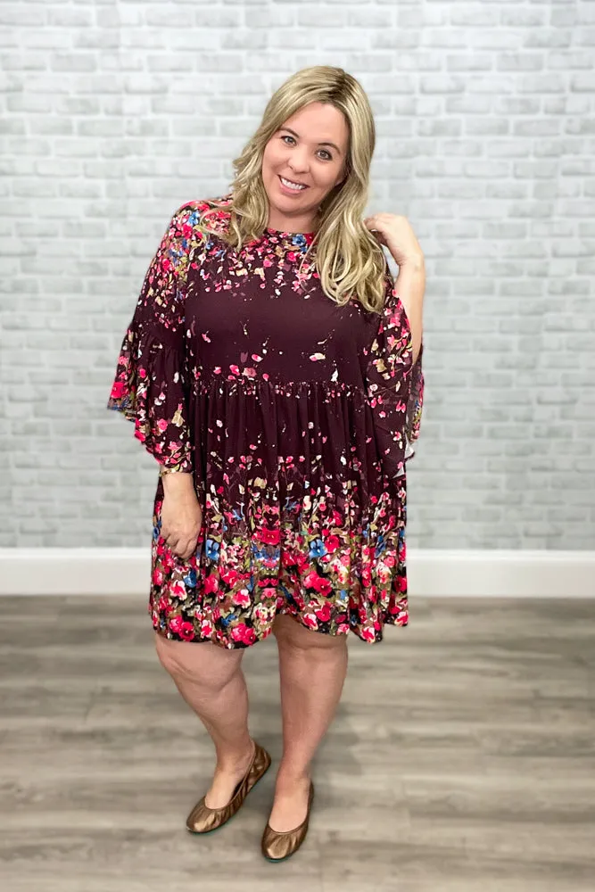 Flowers & Wine Floral Print Bell Sleeve Babydoll Dress {Umgee}
