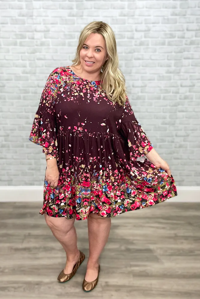 Flowers & Wine Floral Print Bell Sleeve Babydoll Dress {Umgee}
