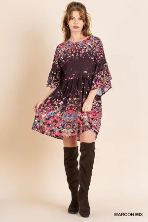 Flowers & Wine Floral Print Bell Sleeve Babydoll Dress {Umgee}