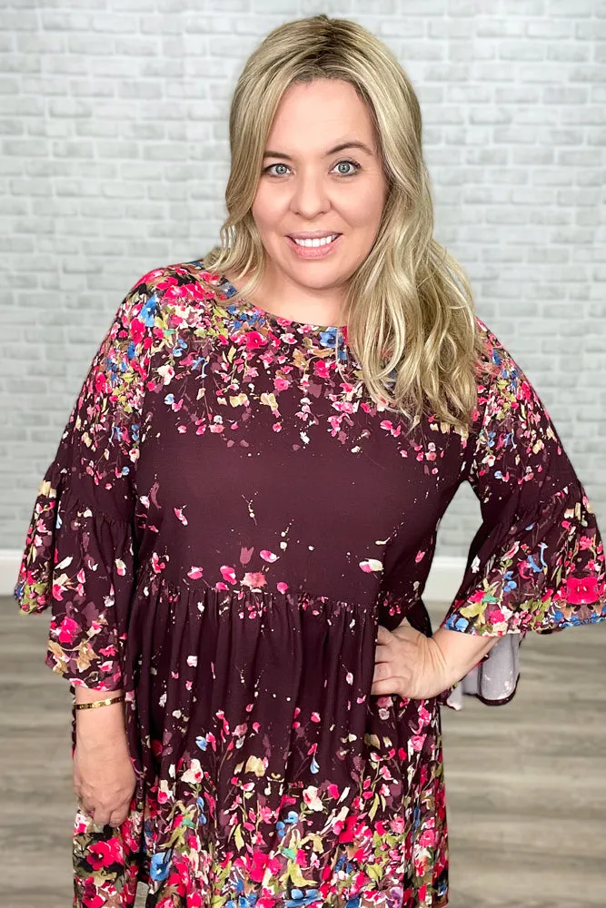 Flowers & Wine Floral Print Bell Sleeve Babydoll Dress {Umgee}