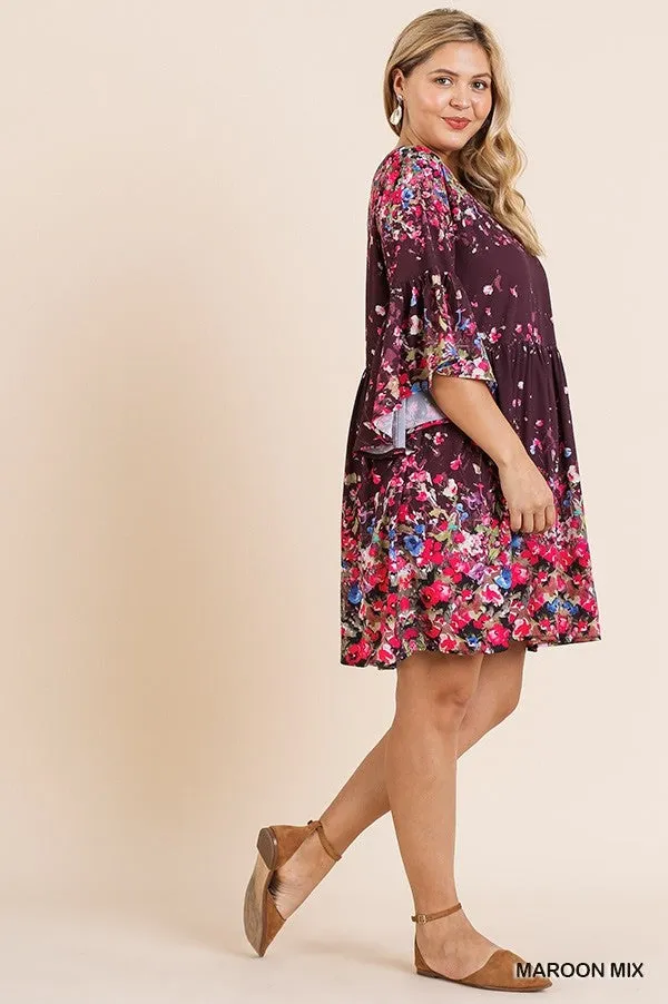 Flowers & Wine Floral Print Bell Sleeve Babydoll Dress {Umgee}