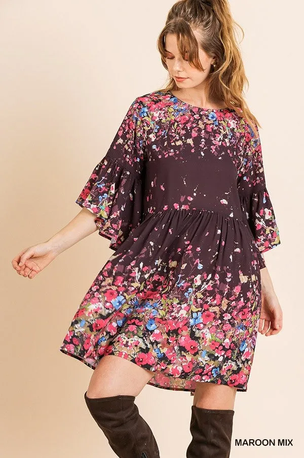 Flowers & Wine Floral Print Bell Sleeve Babydoll Dress {Umgee}