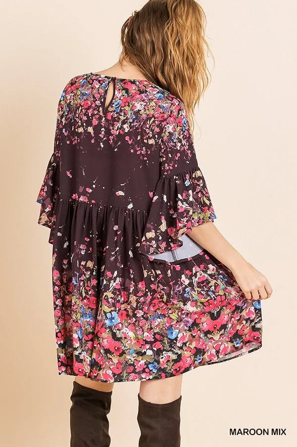 Flowers & Wine Floral Print Bell Sleeve Babydoll Dress {Umgee}