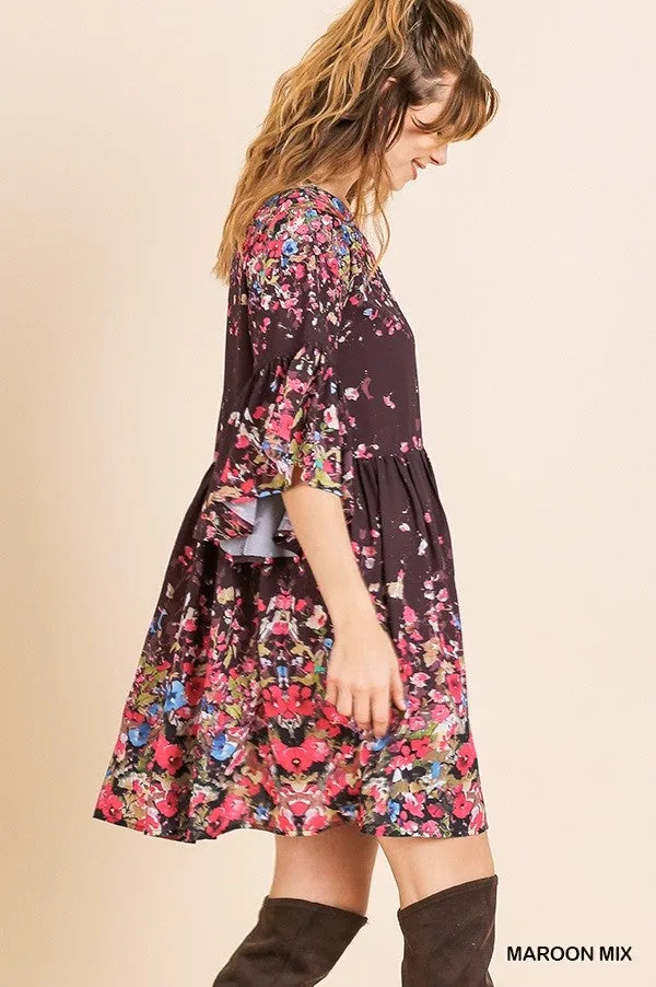 Flowers & Wine Floral Print Bell Sleeve Babydoll Dress {Umgee}