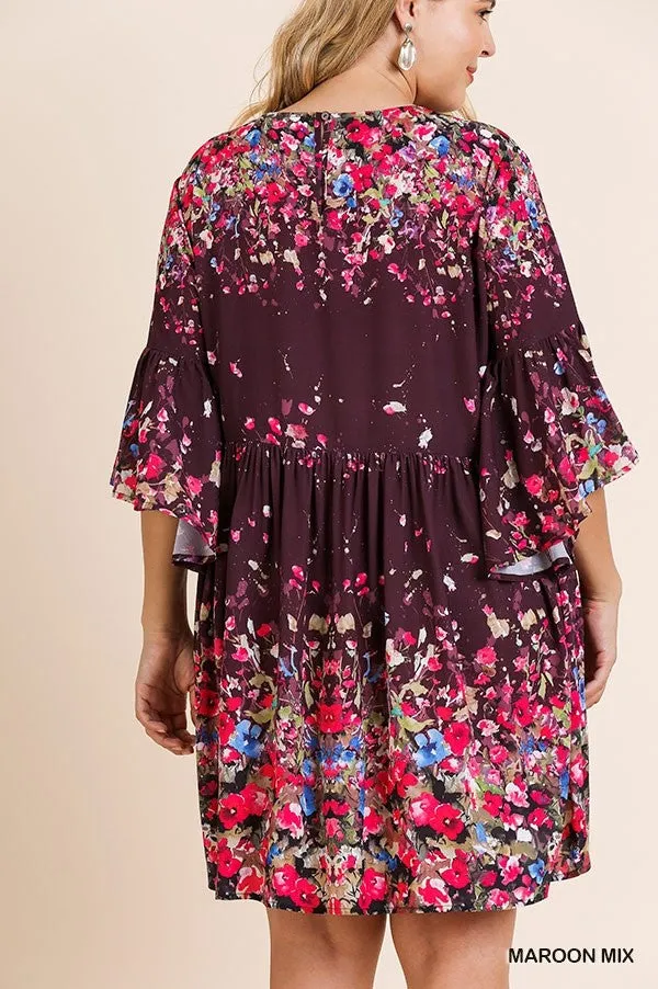 Flowers & Wine Floral Print Bell Sleeve Babydoll Dress {Umgee}