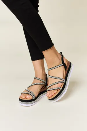 Forever Link Rhinestone Strappy Wedge Platform Black Ankle Strap Sandals