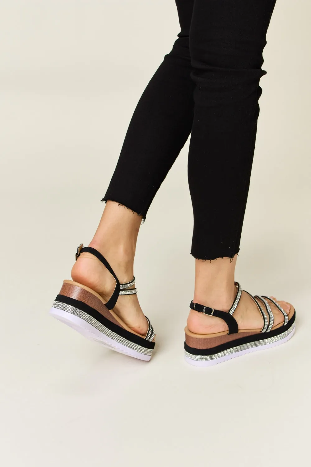 Forever Link Rhinestone Strappy Wedge Platform Black Ankle Strap Sandals