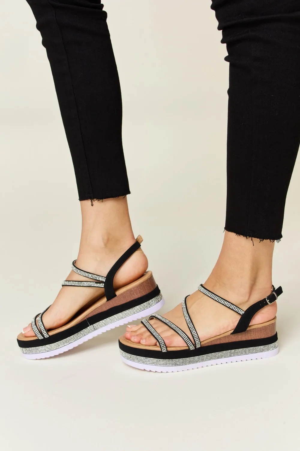 Forever Link Rhinestone Strappy Wedge Platform Black Ankle Strap Sandals