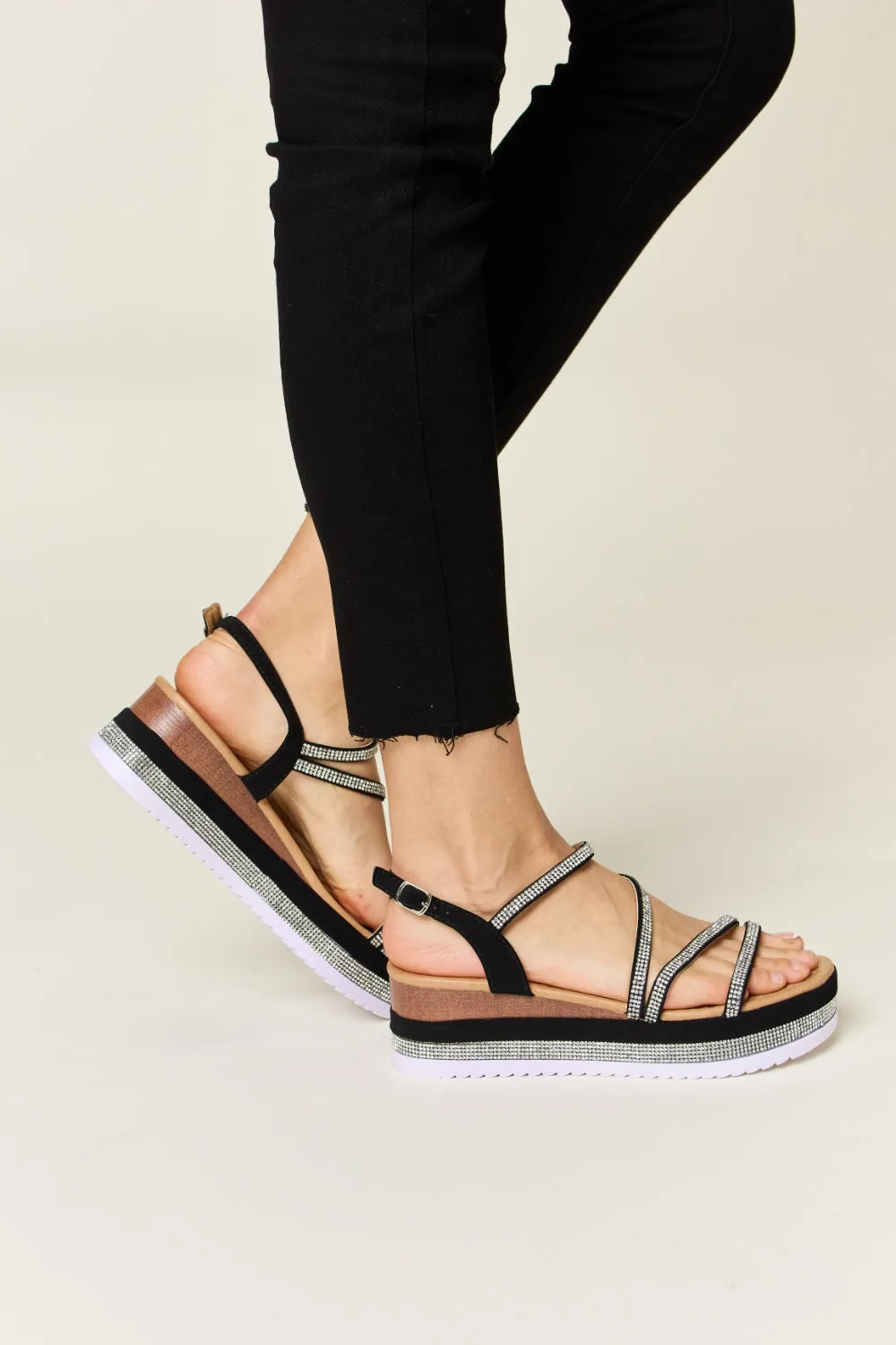 Forever Link Rhinestone Strappy Wedge Platform Black Ankle Strap Sandals
