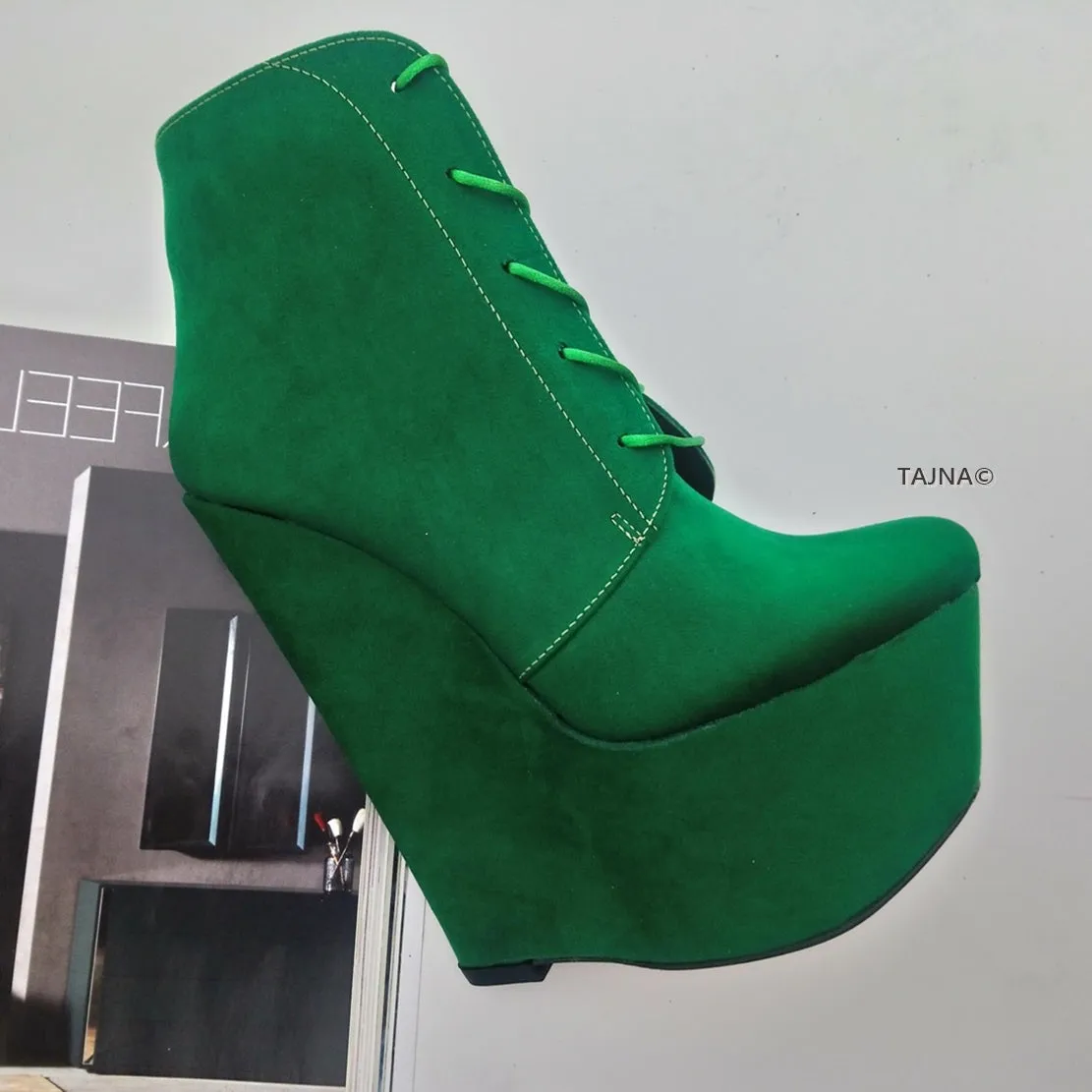 Green Suede 16 cm Wedge Booties