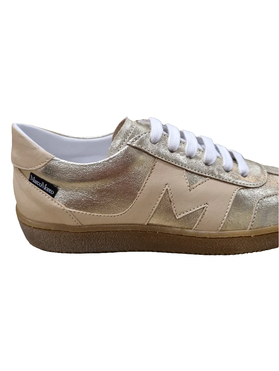Marco Moreo metallic gold & beige sneaker with rubber gum sole