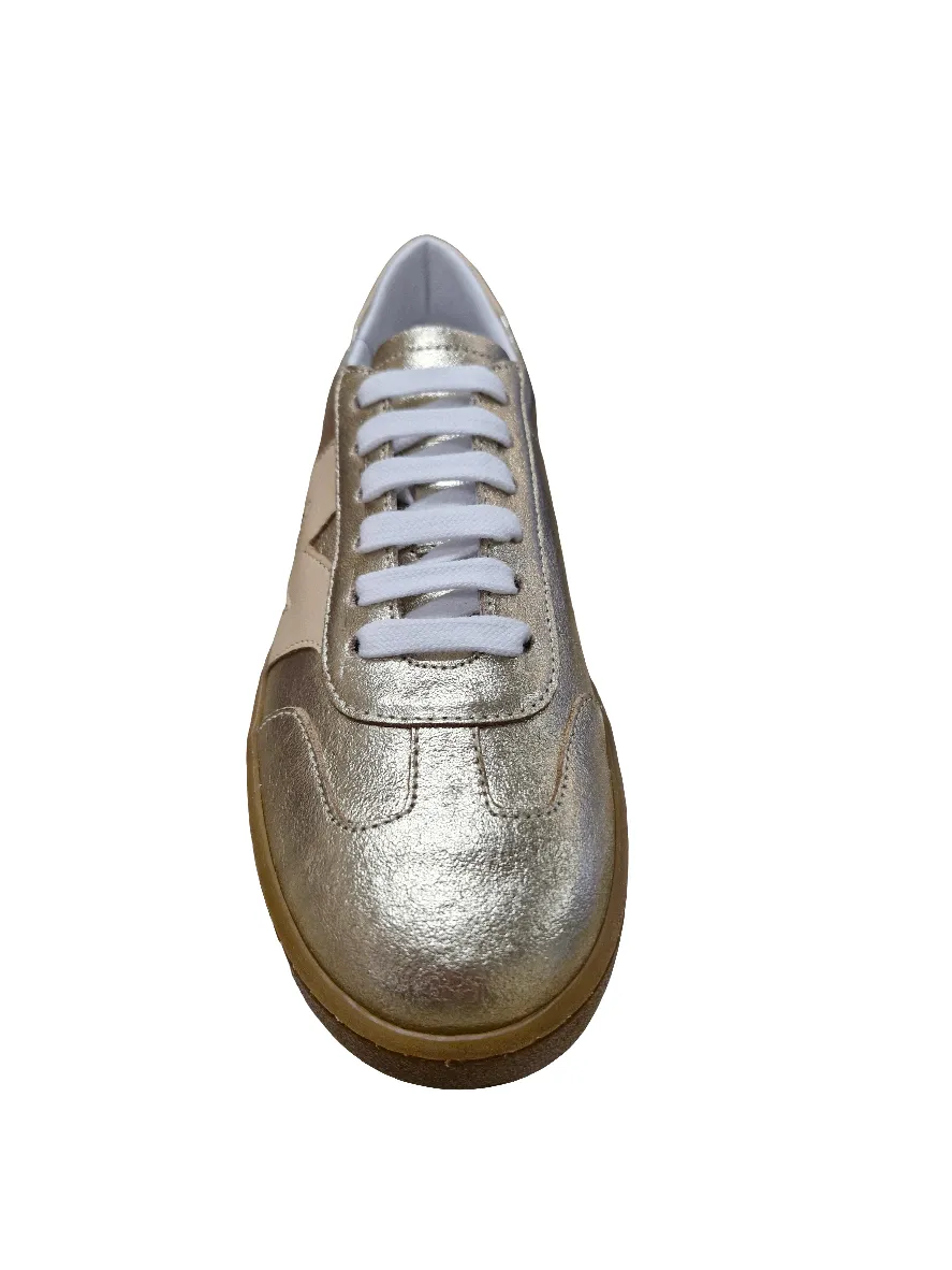 Marco Moreo metallic gold & beige sneaker with rubber gum sole