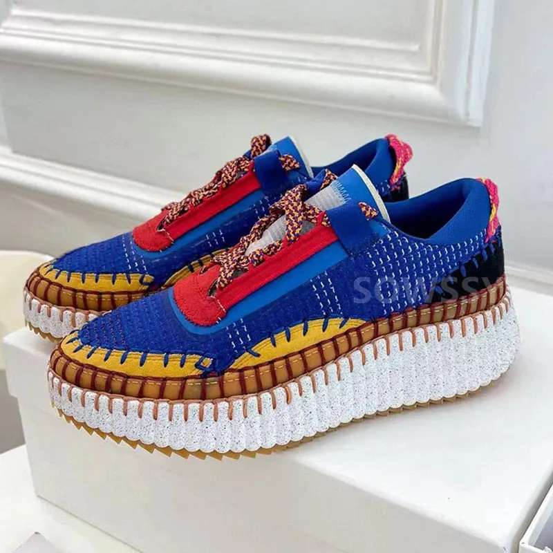 Mixed Color Round Toe Rainbow Flat Shoes, Thick Sole, Lace Up, Casual Shoes.