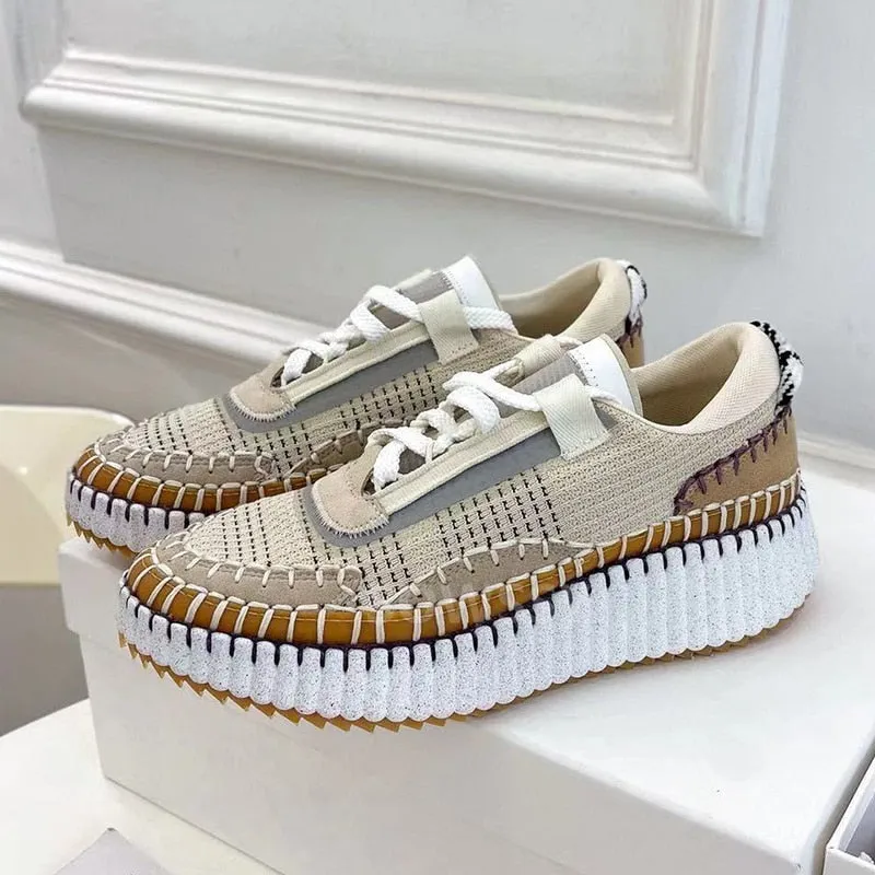 Mixed Color Round Toe Rainbow Flat Shoes, Thick Sole, Lace Up, Casual Shoes.