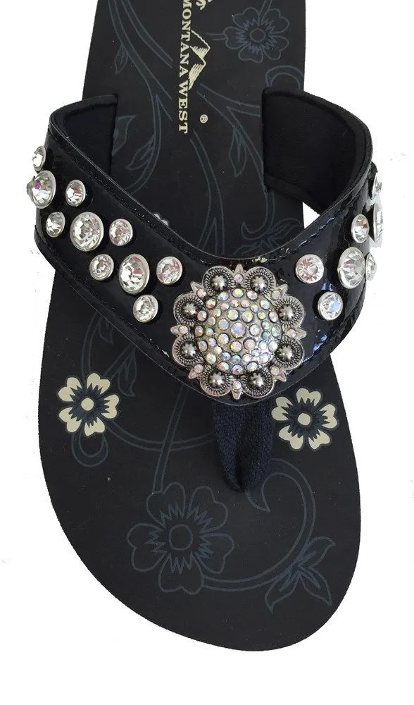 Montana West Patent Leather Rhinestone Flip Flops - Black