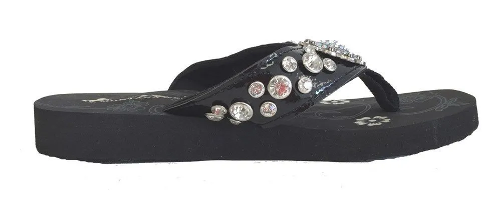Montana West Patent Leather Rhinestone Flip Flops - Black