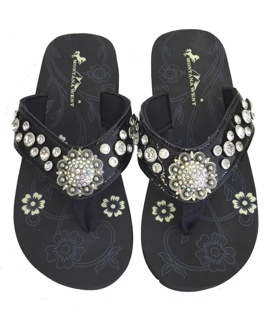 Montana West Patent Leather Rhinestone Flip Flops - Black
