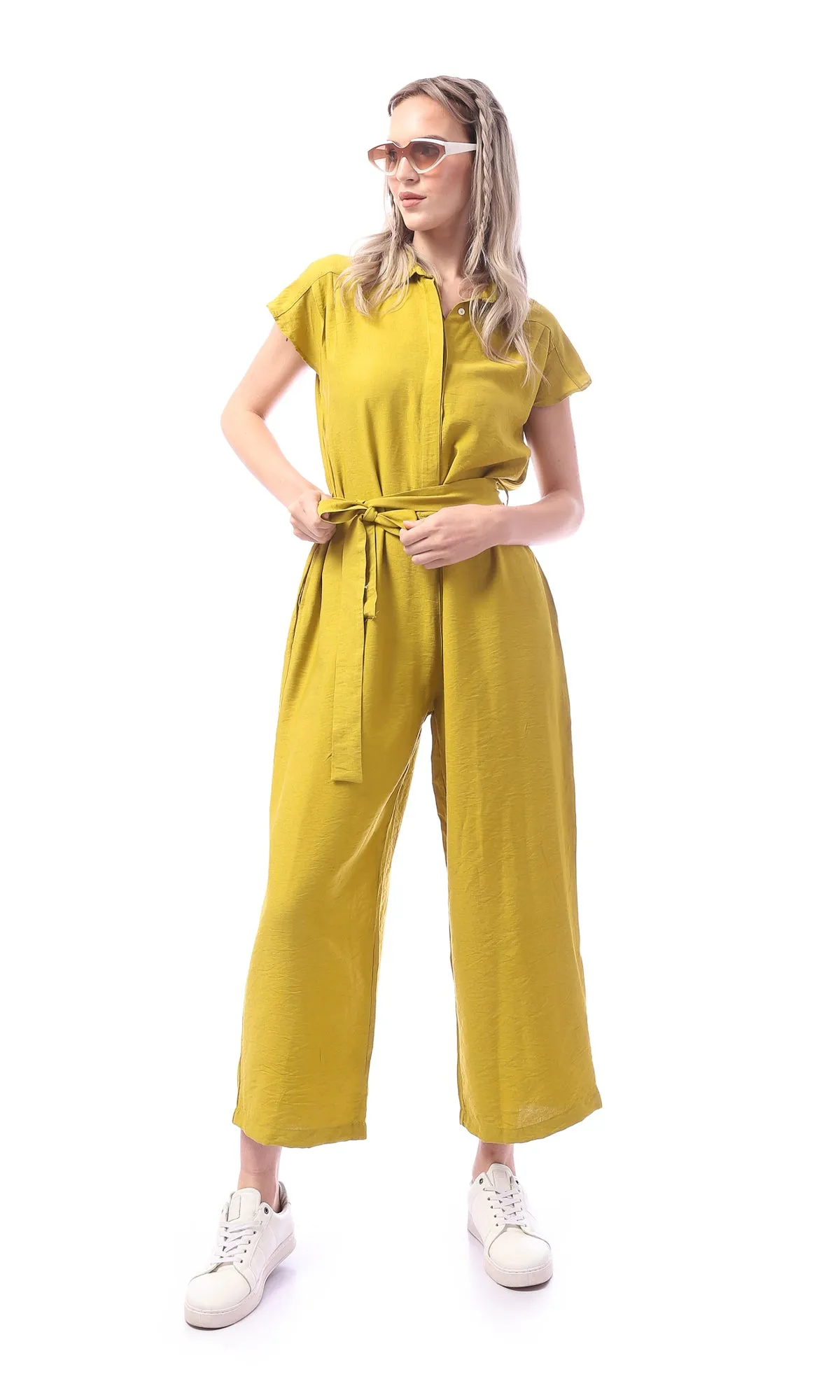O168778 Mustard Sleeveless Solid Midi Jumpsuit With Belt