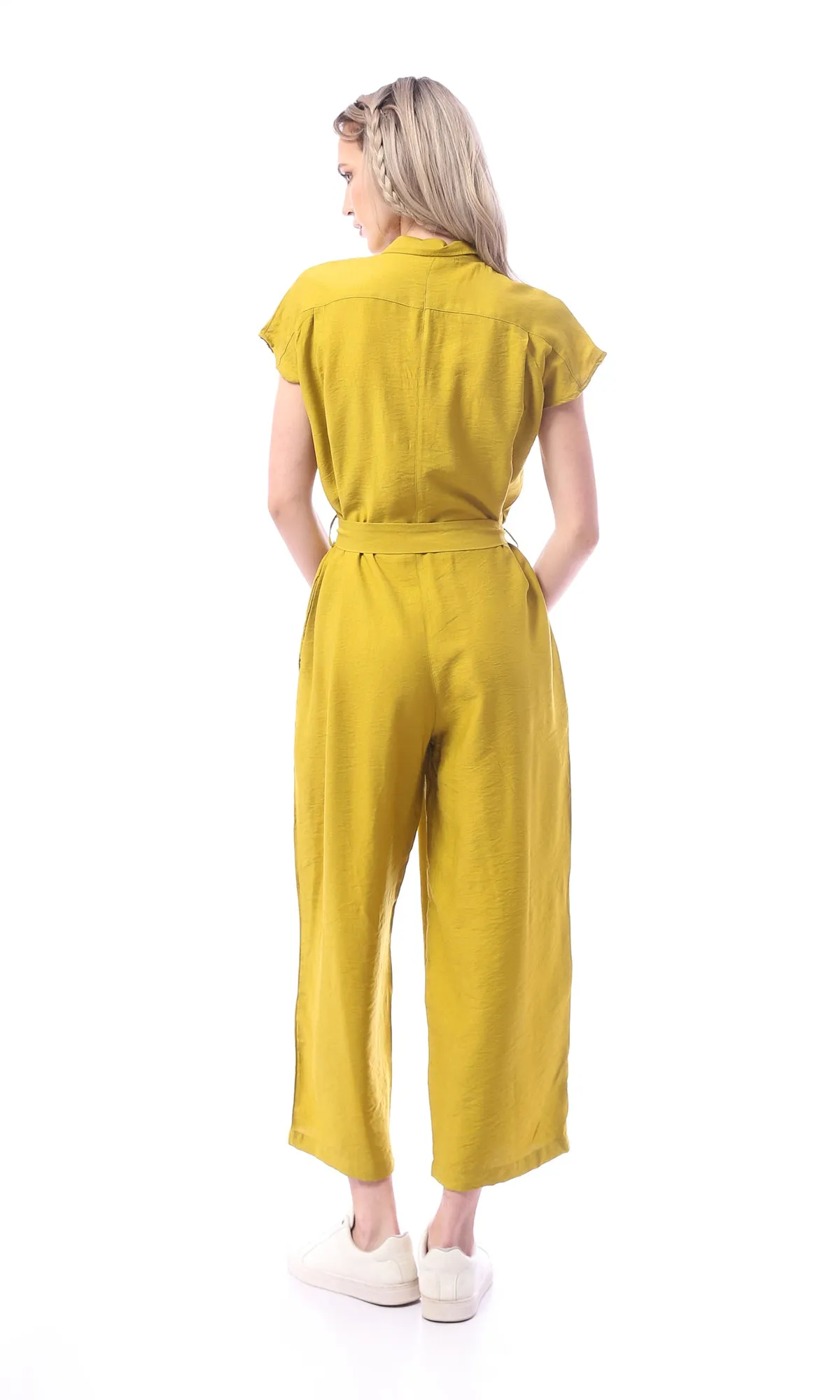 O168778 Mustard Sleeveless Solid Midi Jumpsuit With Belt