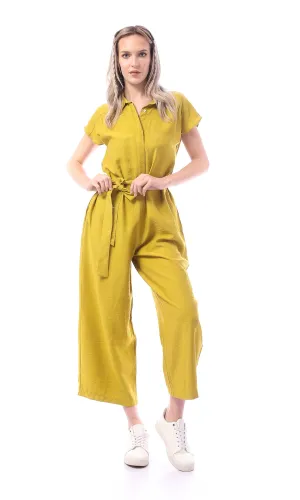 O168778 Mustard Sleeveless Solid Midi Jumpsuit With Belt