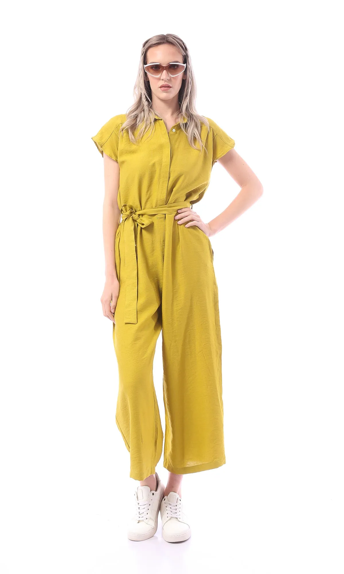 O168778 Mustard Sleeveless Solid Midi Jumpsuit With Belt