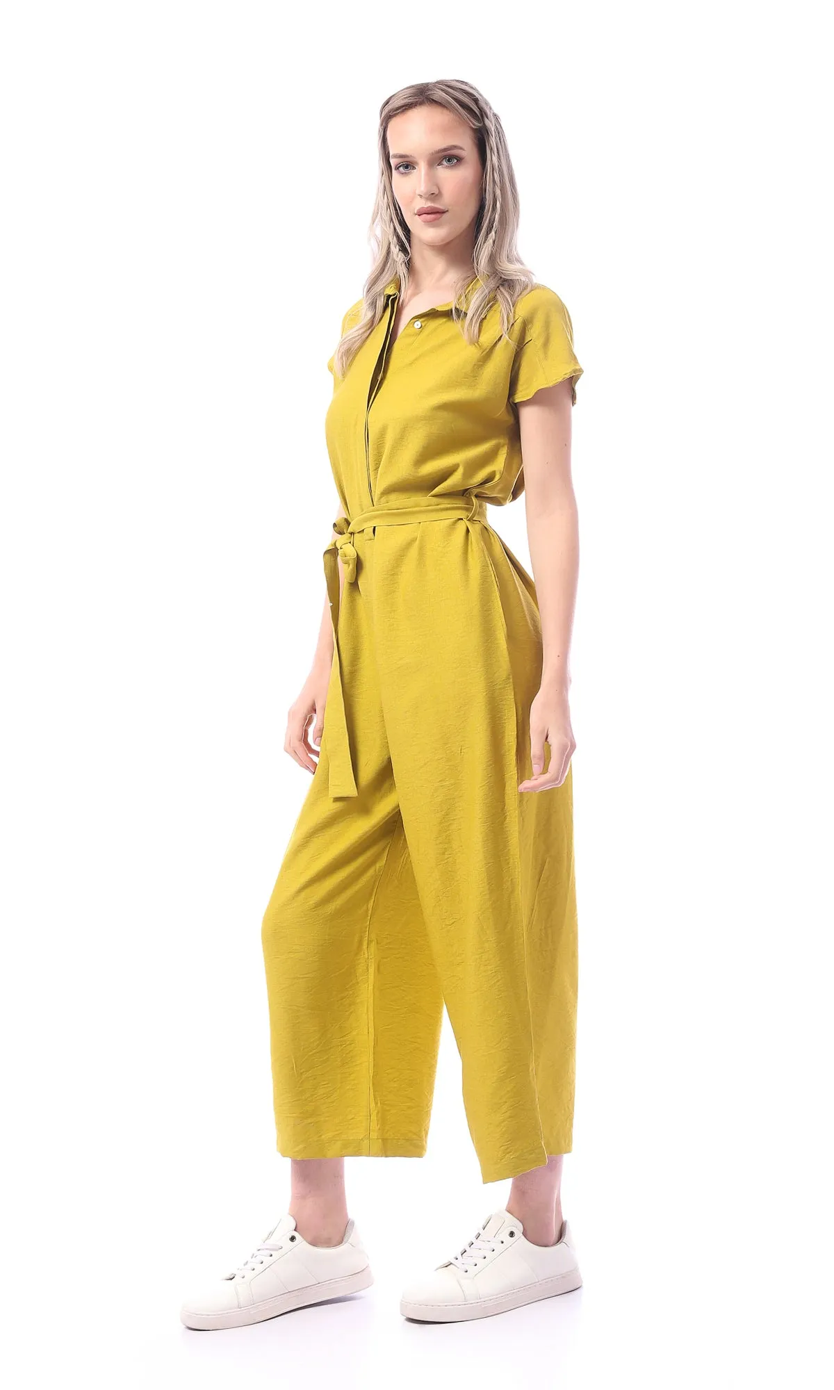 O168778 Mustard Sleeveless Solid Midi Jumpsuit With Belt