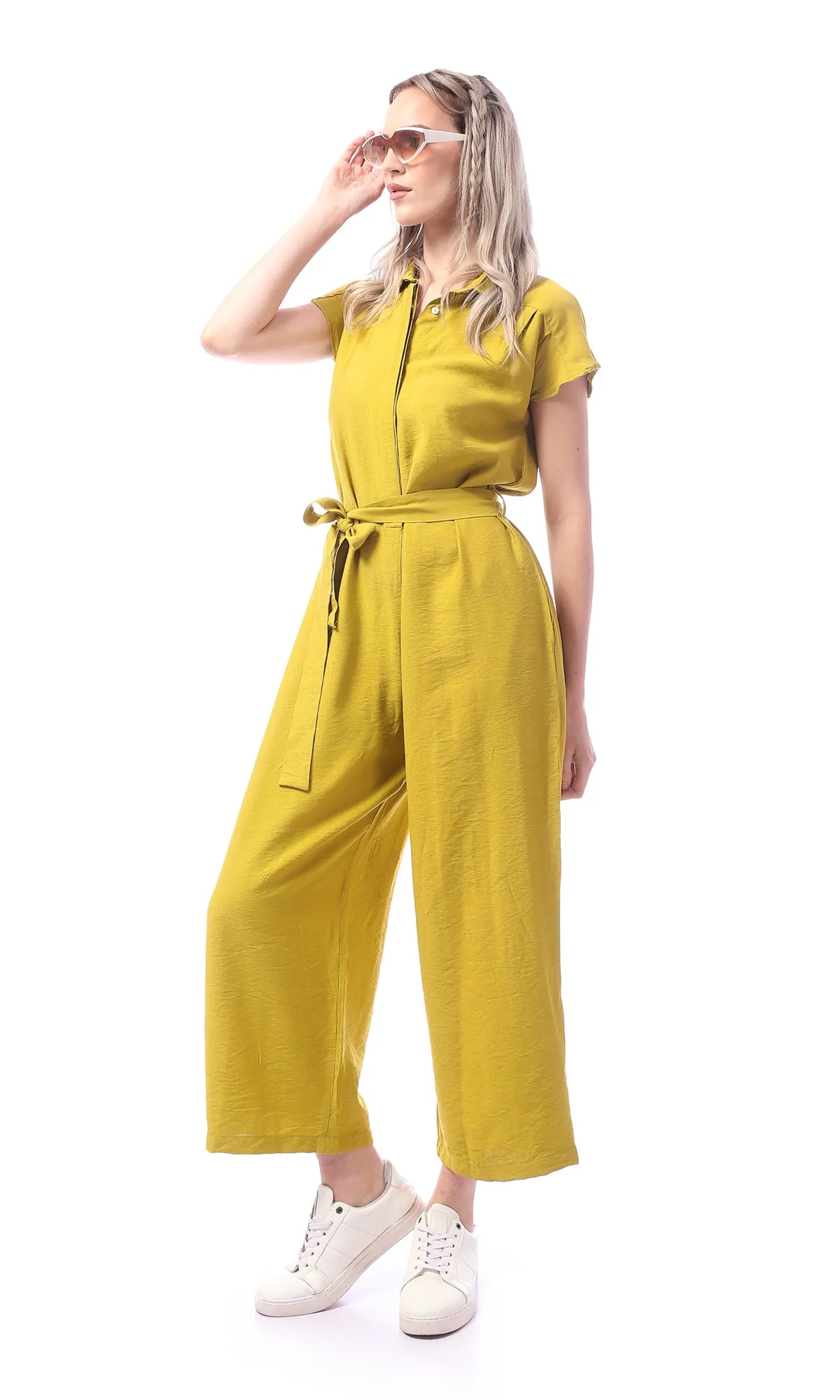 O168778 Mustard Sleeveless Solid Midi Jumpsuit With Belt
