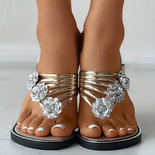 Purpdrank - Women's Slippers Flip-Flops Outdoor Slippers Beach Slippers Outdoor Beach Summer Rhinestone Flat Heel Elegant Casual Faux Leather Loafer Solid Color Silver Black Gold