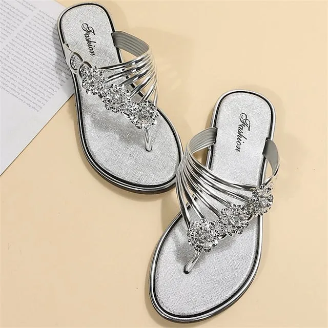 Purpdrank - Women's Slippers Flip-Flops Outdoor Slippers Beach Slippers Outdoor Beach Summer Rhinestone Flat Heel Elegant Casual Faux Leather Loafer Solid Color Silver Black Gold