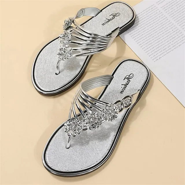 Purpdrank - Women's Slippers Flip-Flops Outdoor Slippers Beach Slippers Outdoor Beach Summer Rhinestone Flat Heel Elegant Casual Faux Leather Loafer Solid Color Silver Black Gold
