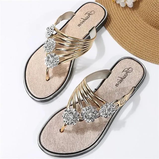 Purpdrank - Women's Slippers Flip-Flops Outdoor Slippers Beach Slippers Outdoor Beach Summer Rhinestone Flat Heel Elegant Casual Faux Leather Loafer Solid Color Silver Black Gold