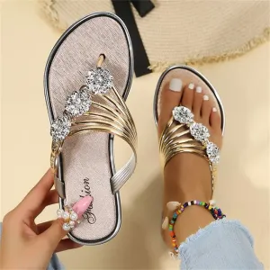 Purpdrank - Women's Slippers Flip-Flops Outdoor Slippers Beach Slippers Outdoor Beach Summer Rhinestone Flat Heel Elegant Casual Faux Leather Loafer Solid Color Silver Black Gold
