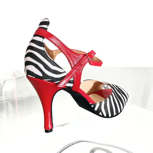 Red B/W Zebra - Red Leather & Satin Zebra Print Tango Shoes