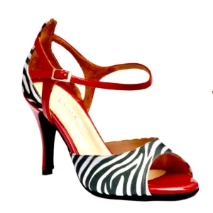Red B/W Zebra - Red Leather & Satin Zebra Print Tango Shoes