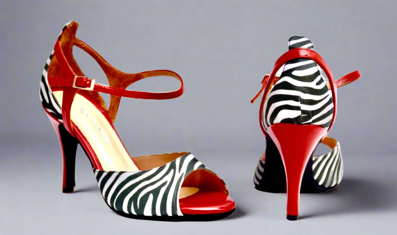 Red B/W Zebra - Red Leather & Satin Zebra Print Tango Shoes