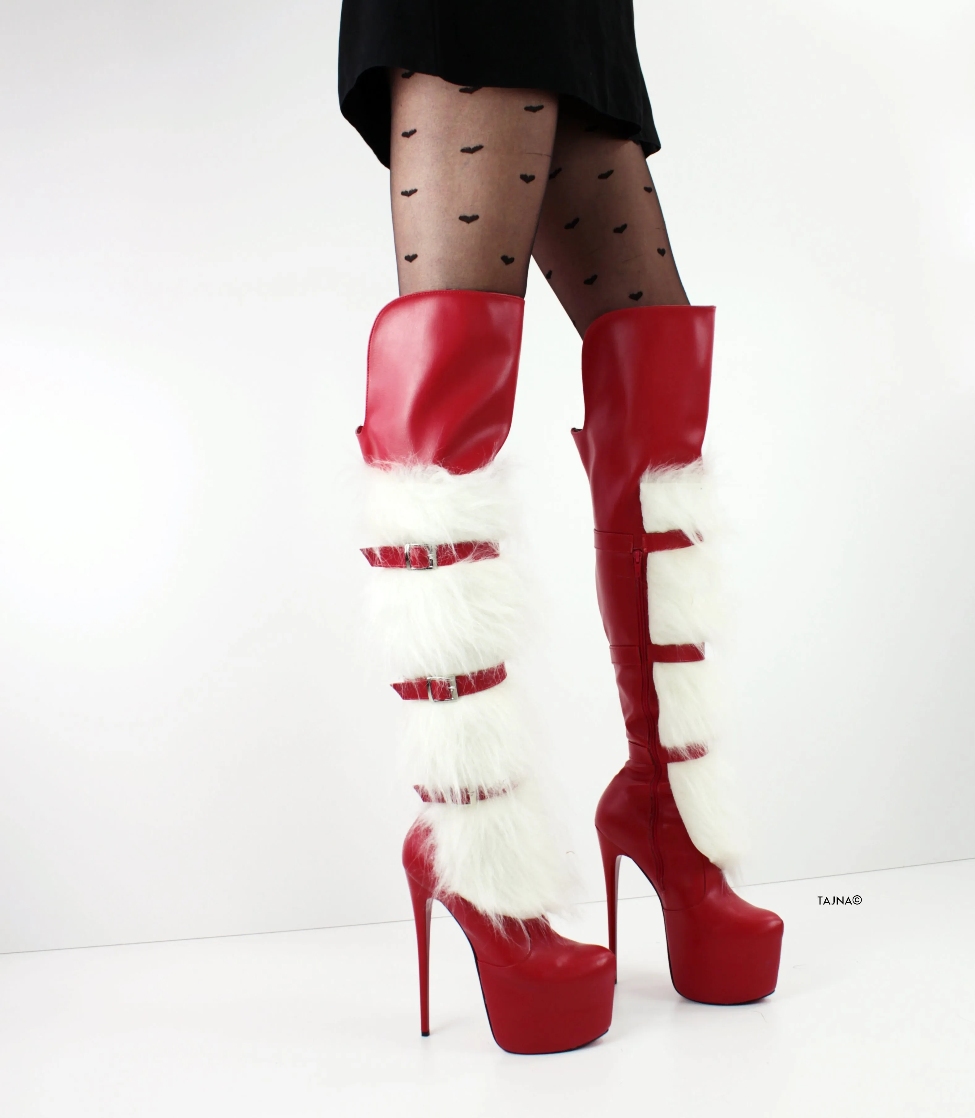 Red Matte Belted Over Knee Santa Boots
