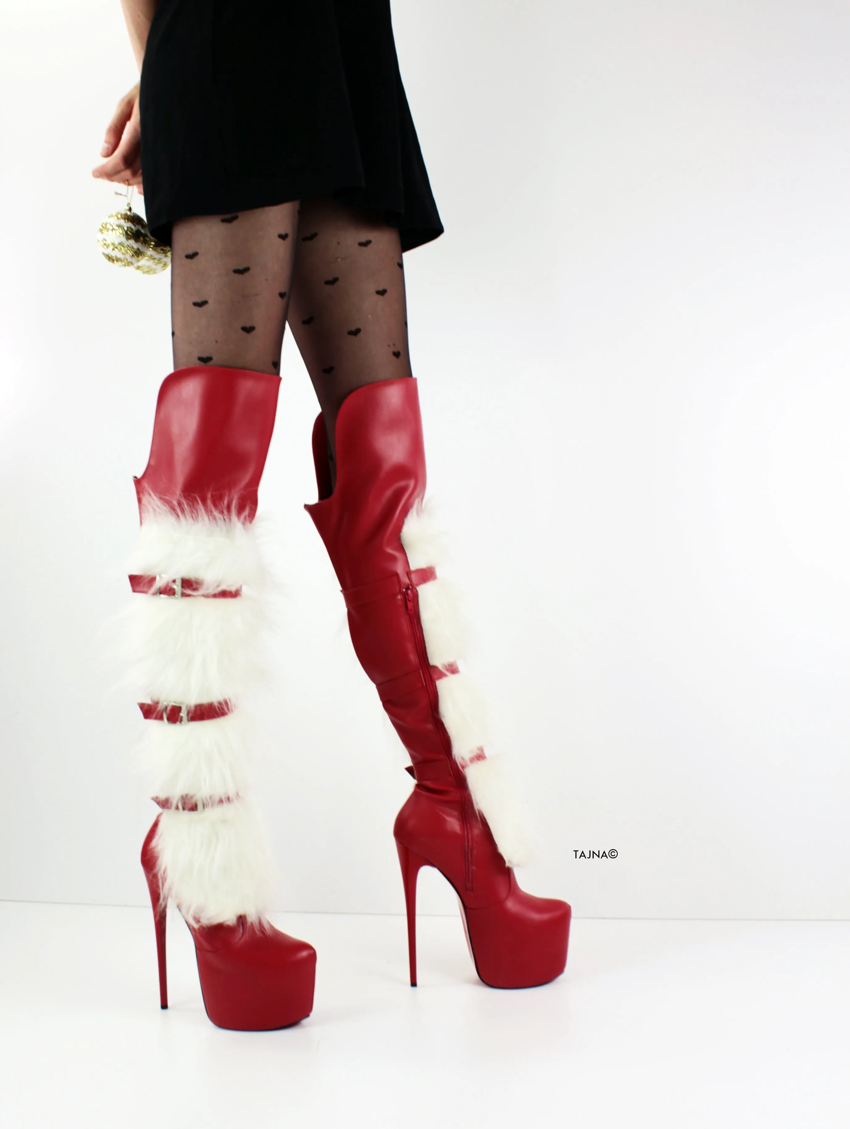 Red Matte Belted Over Knee Santa Boots