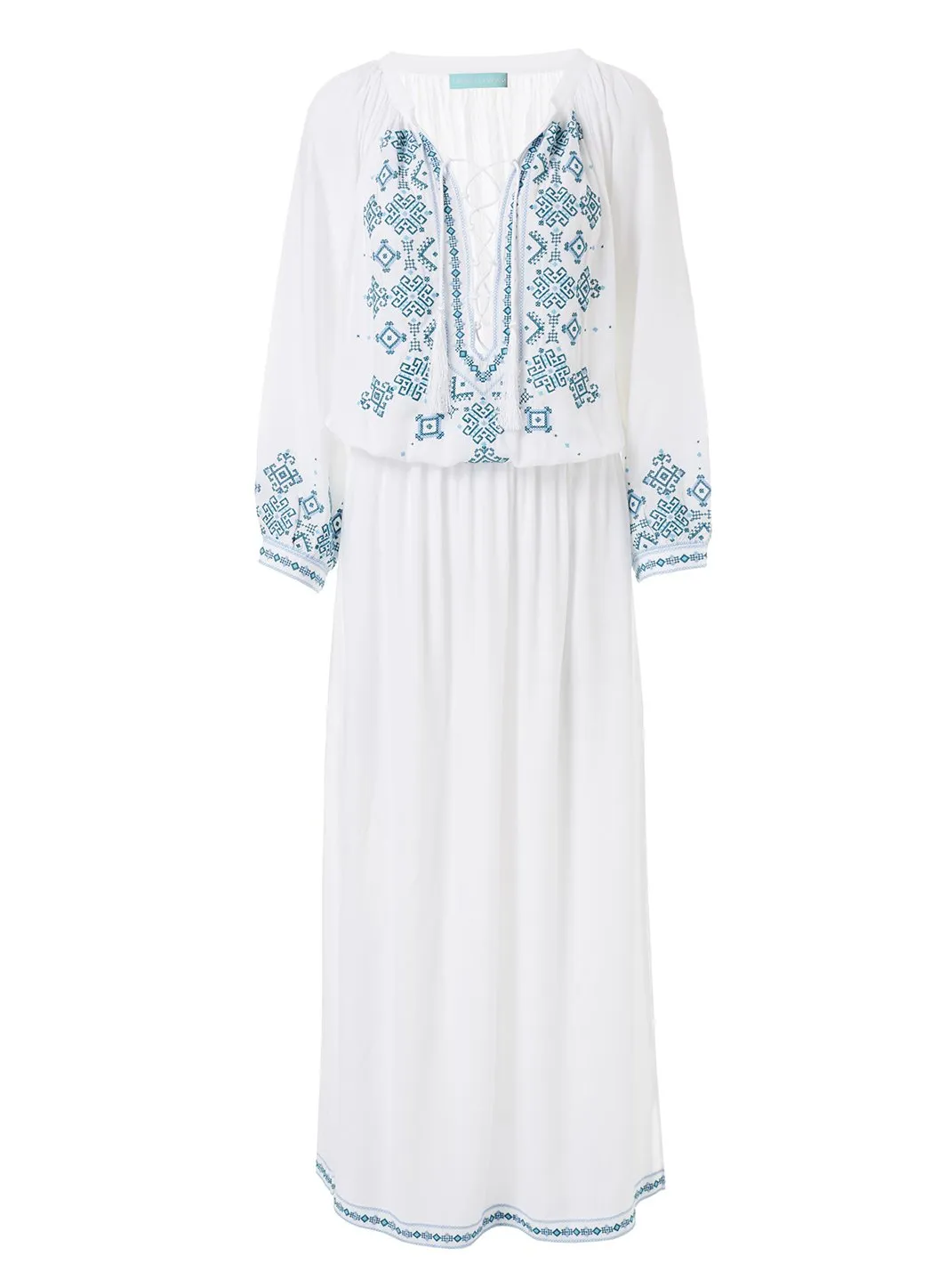 Sienna White/Mint Embroidered 3/4 Sleeve Maxi Dress