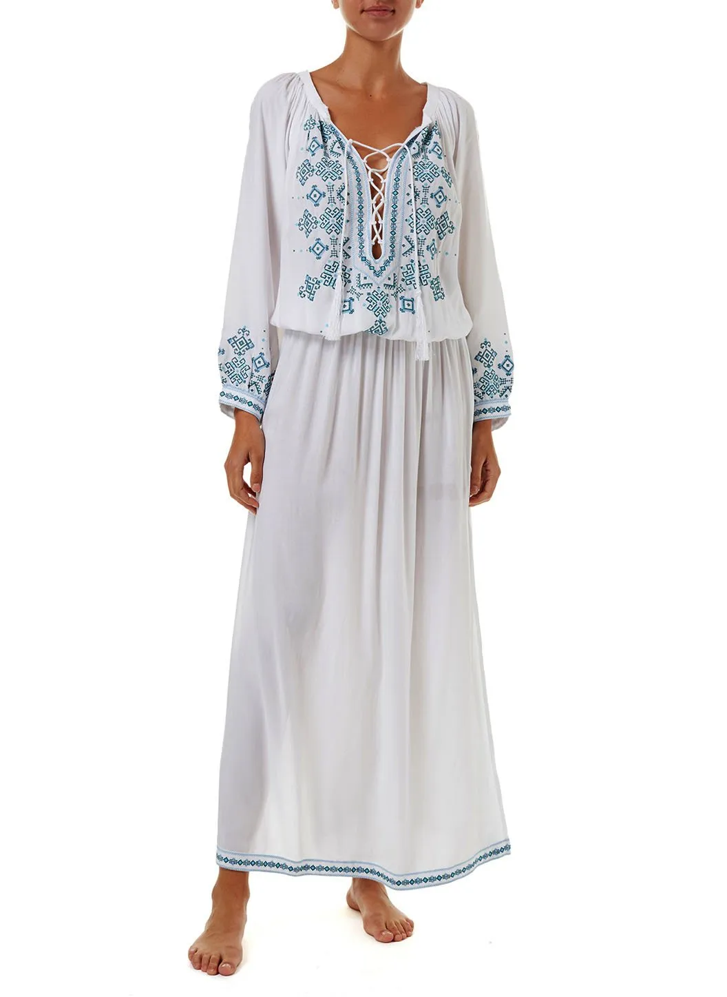 Sienna White/Mint Embroidered 3/4 Sleeve Maxi Dress