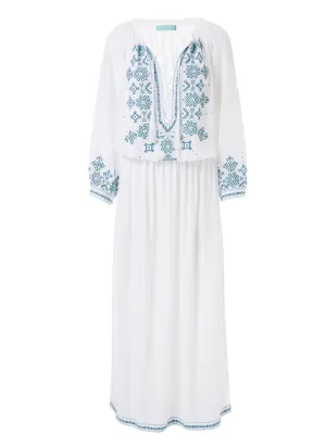 Sienna White/Mint Embroidered 3/4 Sleeve Maxi Dress