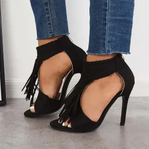 Sohiwoo Women Fashion Open Toe Tassels Cutout Stiletto High Heels Shoes