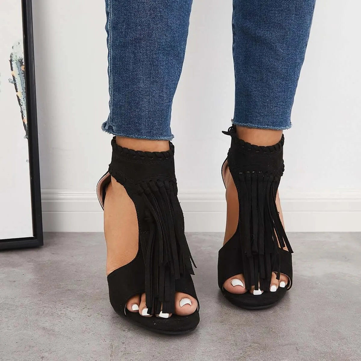 Sohiwoo Women Fashion Open Toe Tassels Cutout Stiletto High Heels Shoes