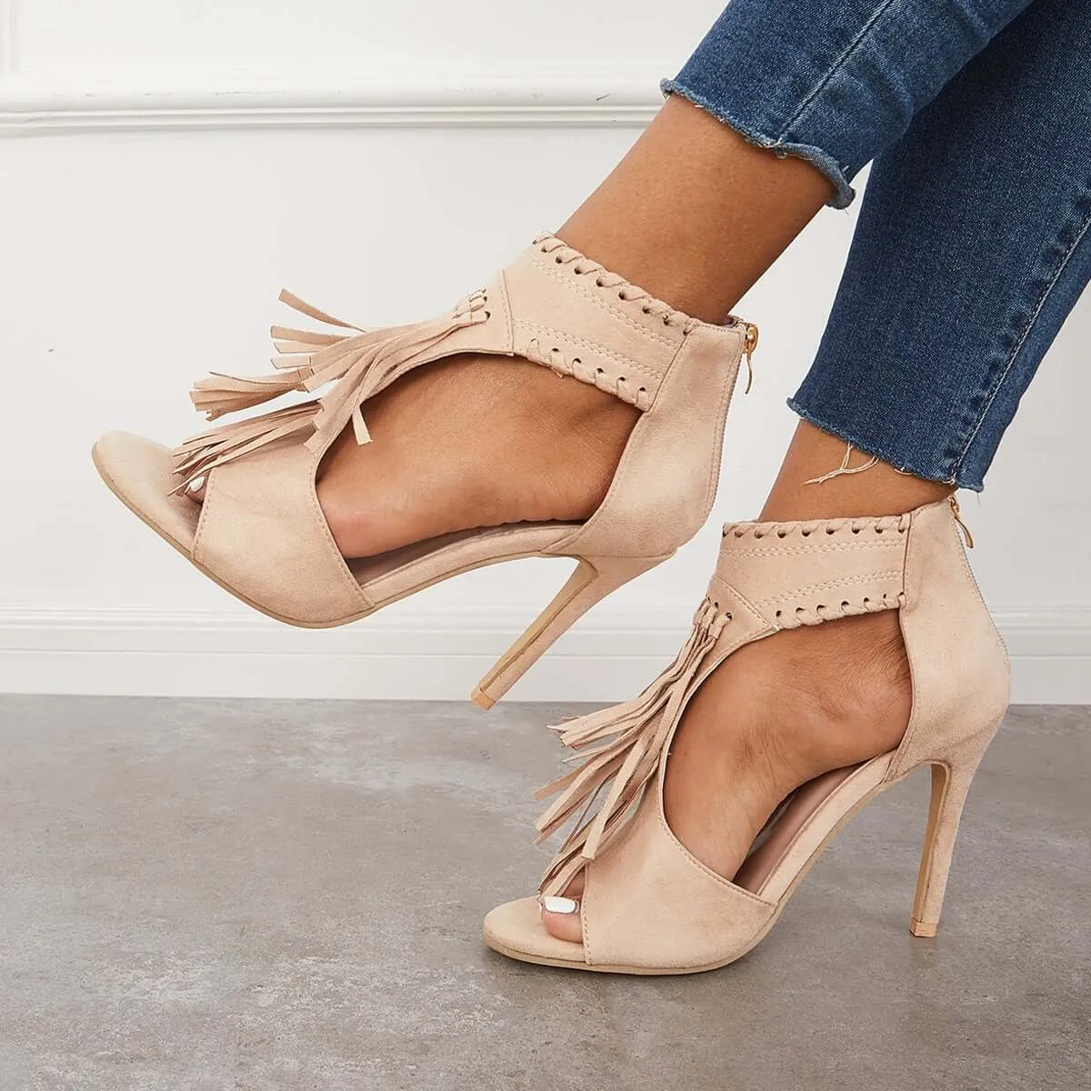 Sohiwoo Women Fashion Open Toe Tassels Cutout Stiletto High Heels Shoes